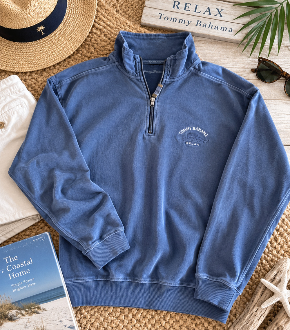 Tommy Bahama Relax Mens L Blue 1/2 Zip Cotton Pullover Sailfish Sweater coastal